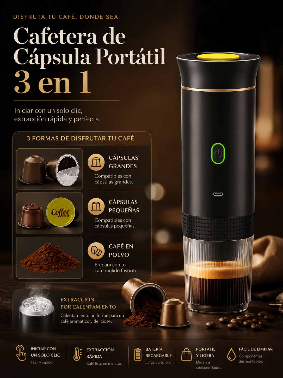 Café&Co 3 en 1: cápsulas grandes, pequeñas y café en polvo