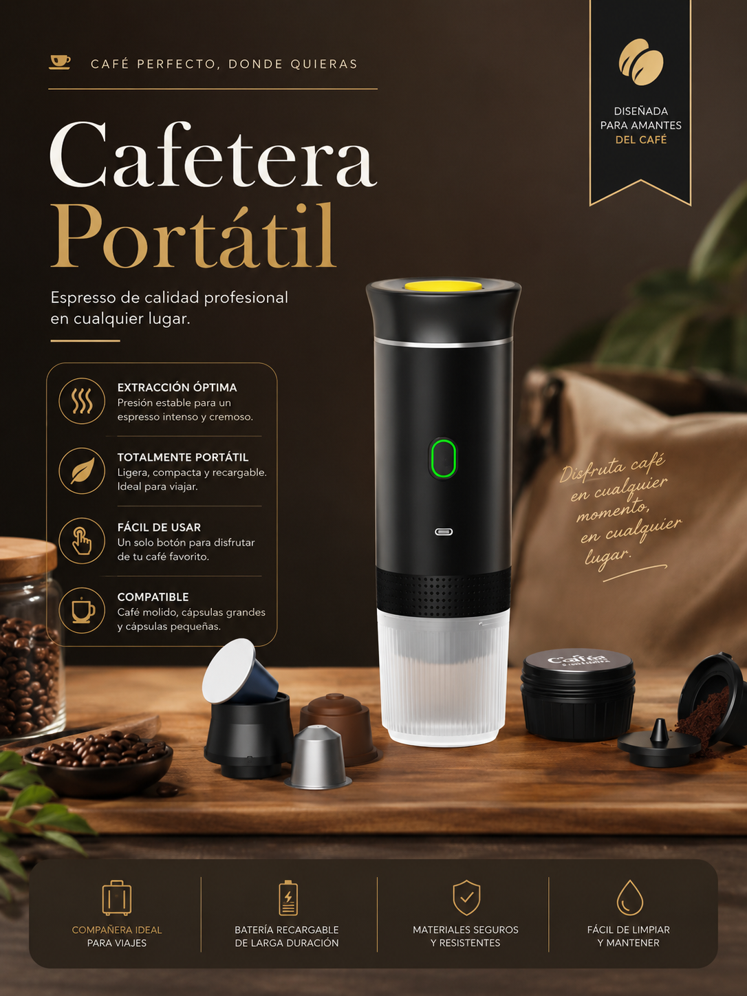 Cafetera Café&Co portátil con cápsulas y café molido